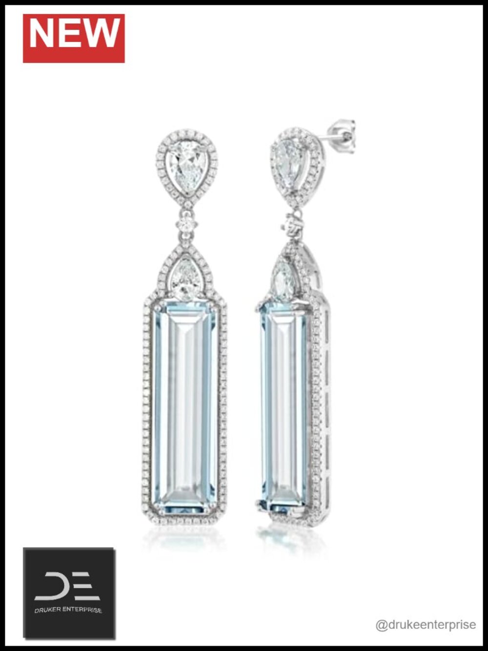 925 Sterling Silver Simulated Aquamarine Art Deco Dangle Earrings